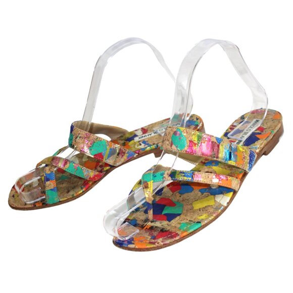 Manolo Blahnik Susa Spatter Paint Cork Flat Sandal Size 6.5 - Picture 5 of 10